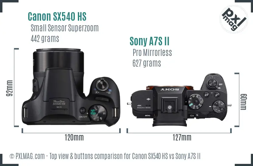 Canon SX540 HS vs Sony A7S II top view buttons comparison