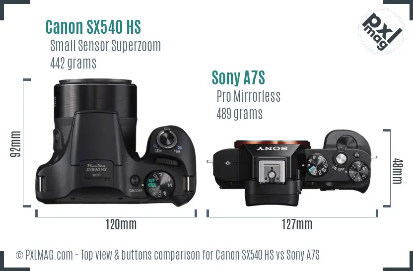 Canon SX540 HS vs Sony A7S top view buttons comparison