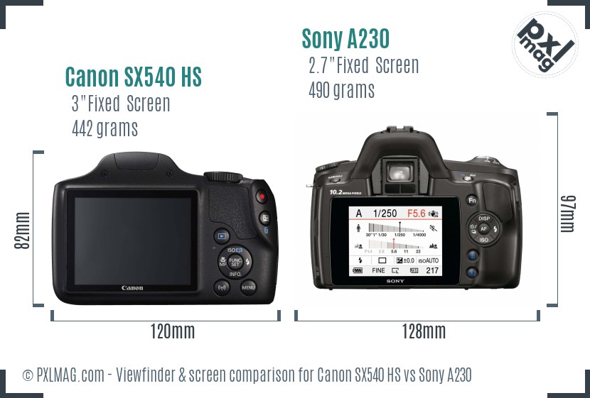 Canon SX540 HS vs Sony A230 Screen and Viewfinder comparison