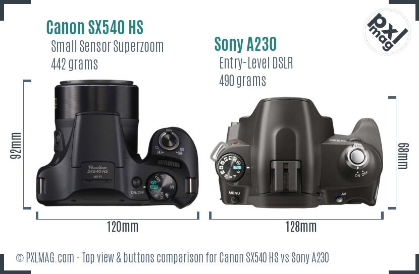 Canon SX540 HS vs Sony A230 top view buttons comparison