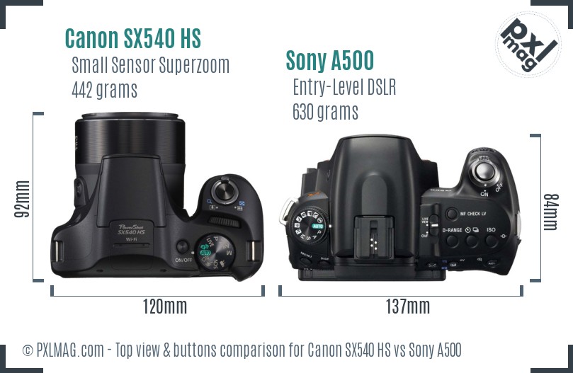 Canon SX540 HS vs Sony A500 top view buttons comparison