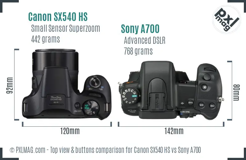 Canon SX540 HS vs Sony A700 top view buttons comparison