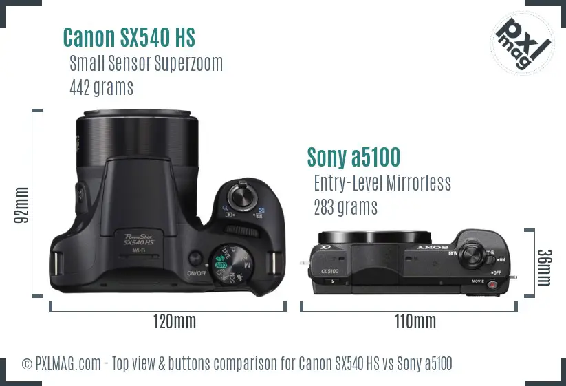 Canon SX540 HS vs Sony a5100 top view buttons comparison Canon SX540 HS vs Sony a5100 top view buttons comparison