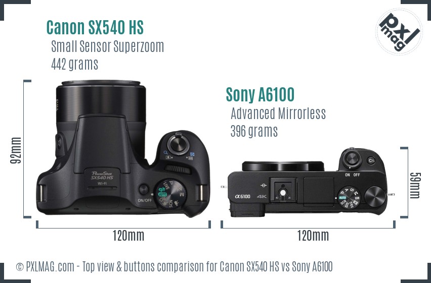 Canon SX540 HS vs Sony A6100 top view buttons comparison