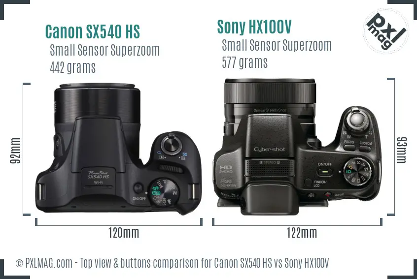 Canon SX540 HS vs Sony HX100V top view buttons comparison