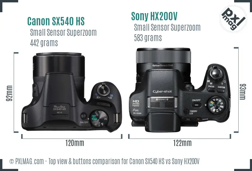 Canon SX540 HS vs Sony HX200V top view buttons comparison