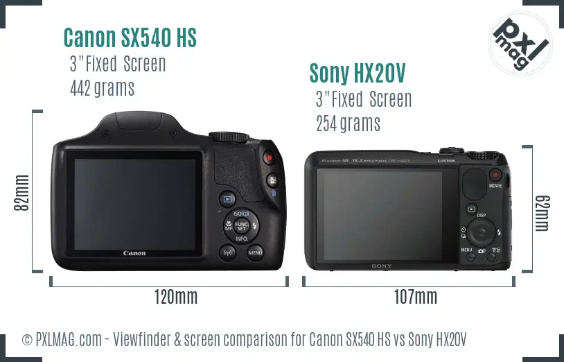 Canon SX540 HS vs Sony HX20V Screen and Viewfinder comparison