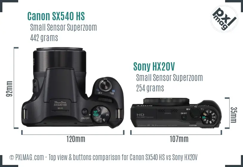 Canon SX540 HS vs Sony HX20V top view buttons comparison