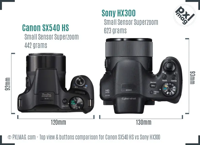 Canon SX540 HS vs Sony HX300 top view buttons comparison