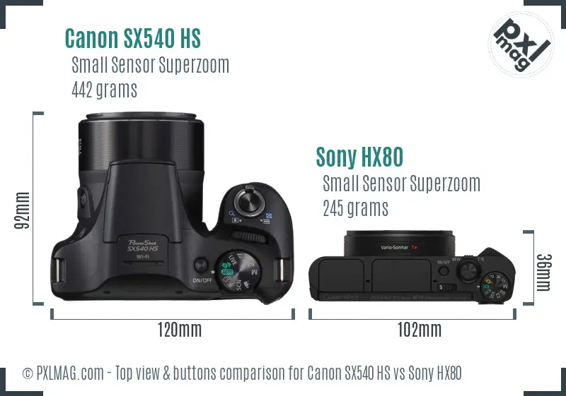 Canon SX540 HS vs Sony HX80 top view buttons comparison