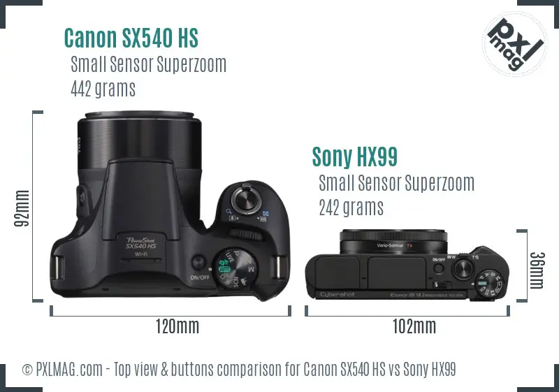 Canon SX540 HS vs Sony HX99 top view buttons comparison