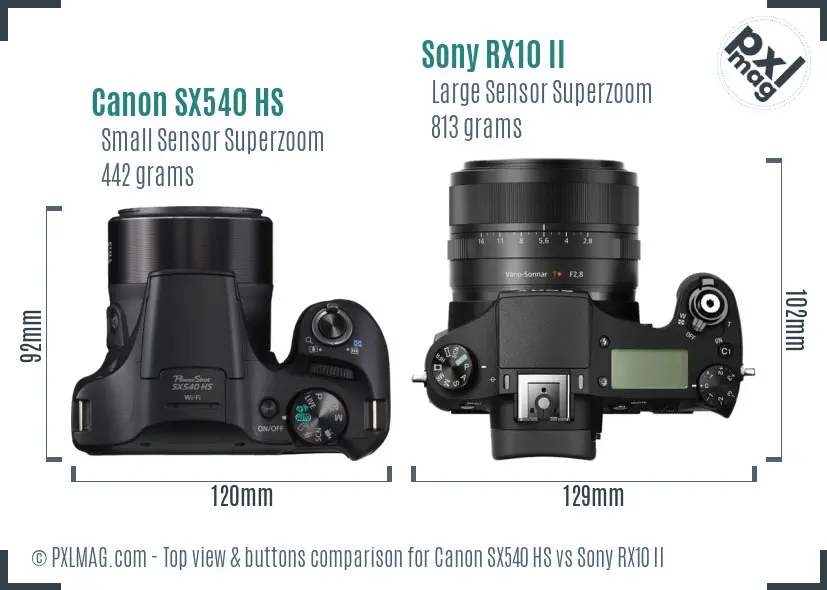 Canon SX540 HS vs Sony RX10 II top view buttons comparison