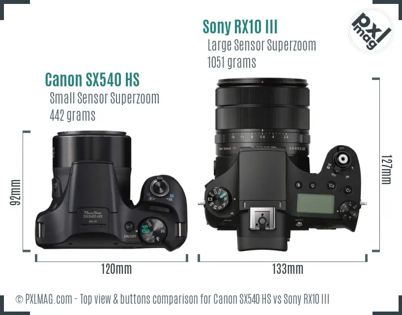 Canon SX540 HS vs Sony RX10 III top view buttons comparison