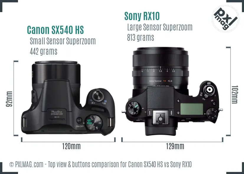 Canon SX540 HS vs Sony RX10 top view buttons comparison