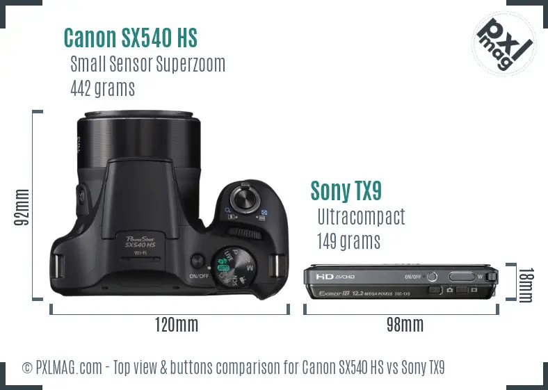 Canon SX540 HS vs Sony TX9 top view buttons comparison