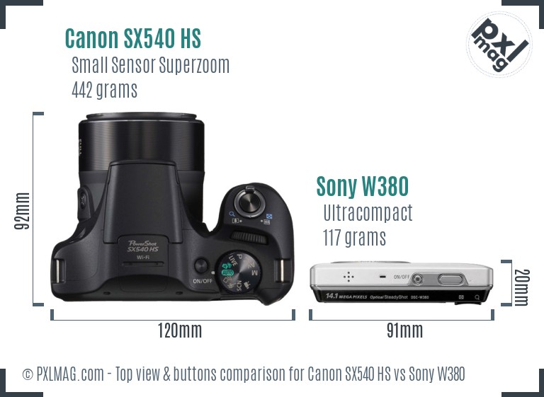 Canon SX540 HS vs Sony W380 top view buttons comparison