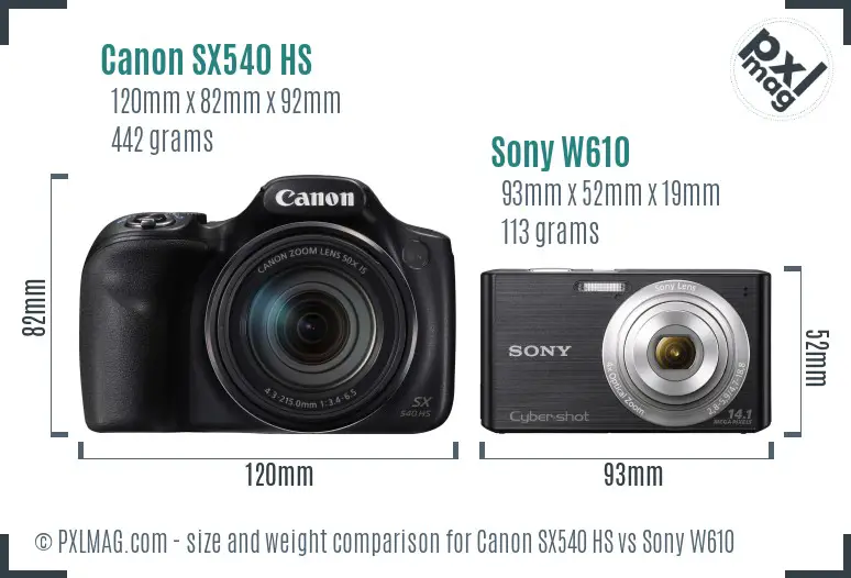 Canon SX540 HS vs Sony W610 size comparison