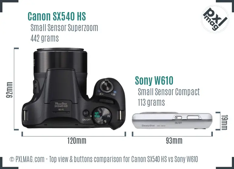 Canon SX540 HS vs Sony W610 top view buttons comparison