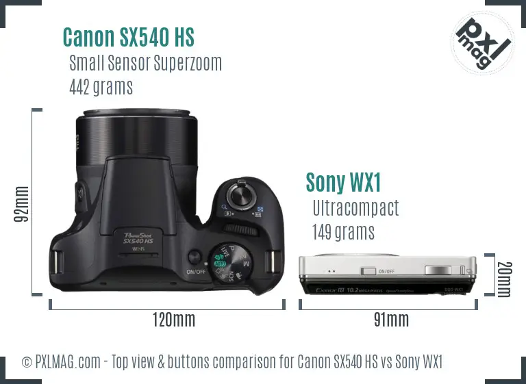 Canon SX540 HS vs Sony WX1 top view buttons comparison