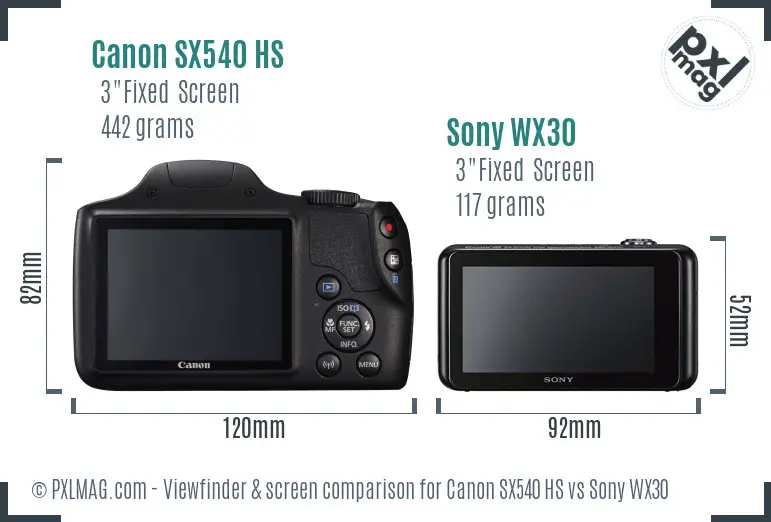 Canon SX540 HS vs Sony WX30 Screen and Viewfinder comparison