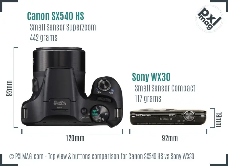 Canon SX540 HS vs Sony WX30 top view buttons comparison