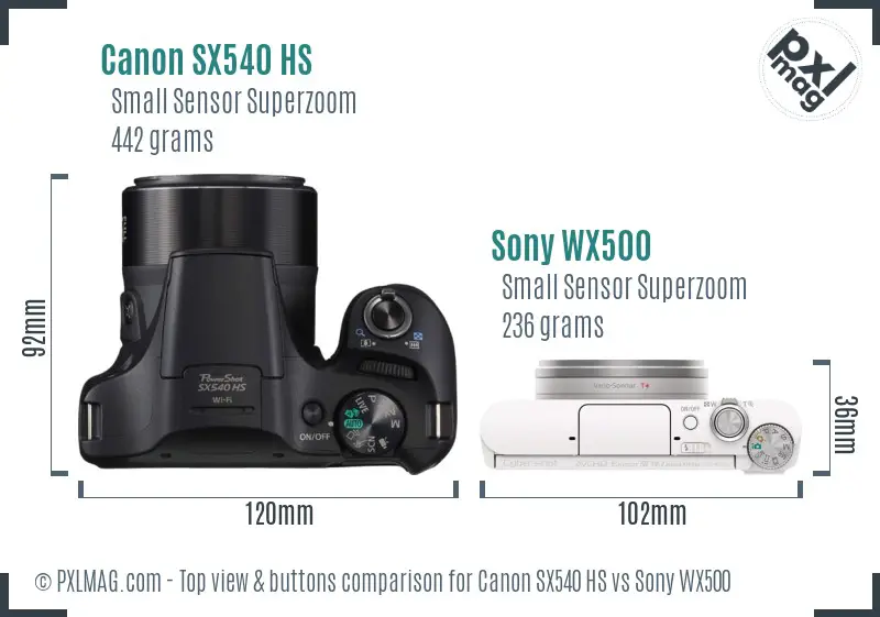 Canon SX540 HS vs Sony WX500 top view buttons comparison Canon SX540 HS vs Sony WX500 top view buttons comparison