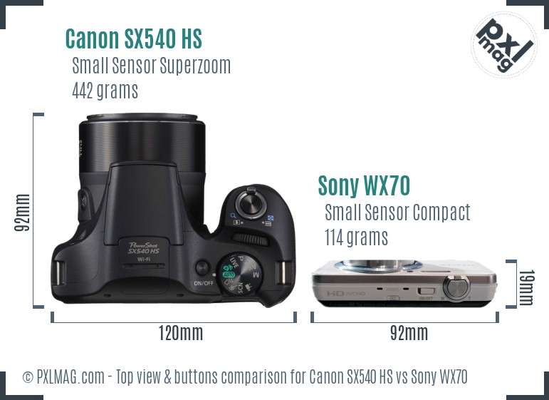 Canon SX540 HS vs Sony WX70 top view buttons comparison