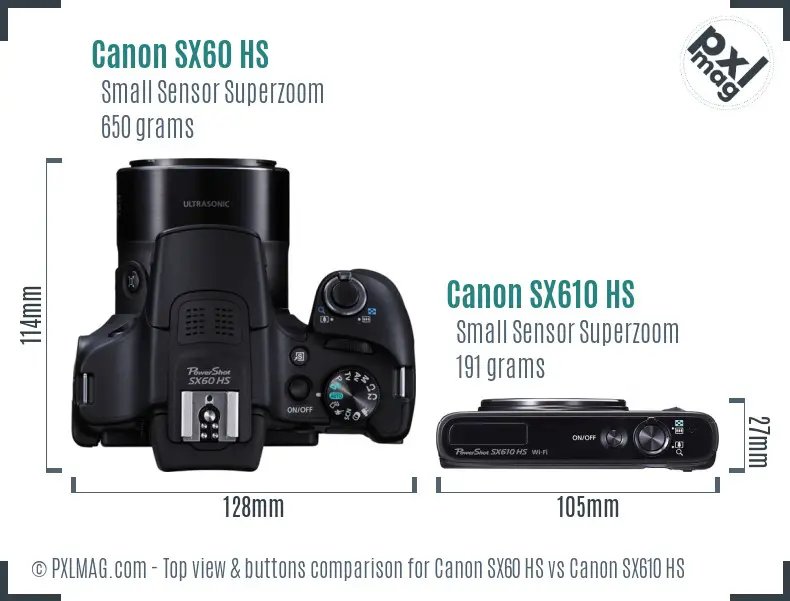 Canon SX60 HS vs Canon SX610 HS top view buttons comparison