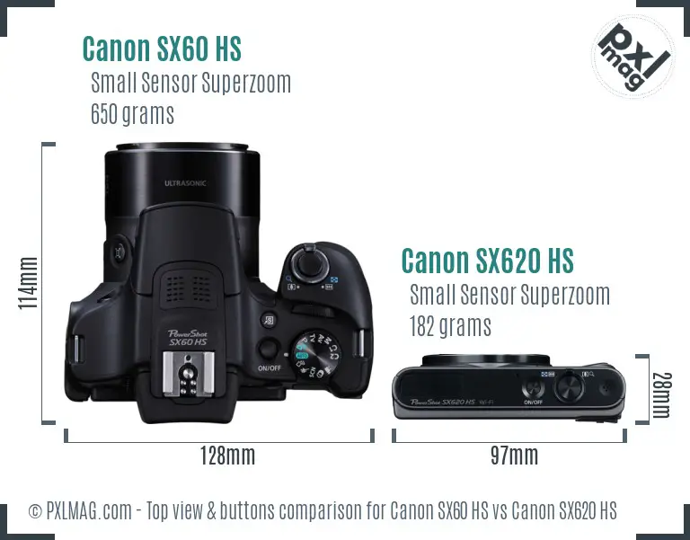 Canon SX60 HS vs Canon SX620 HS top view buttons comparison