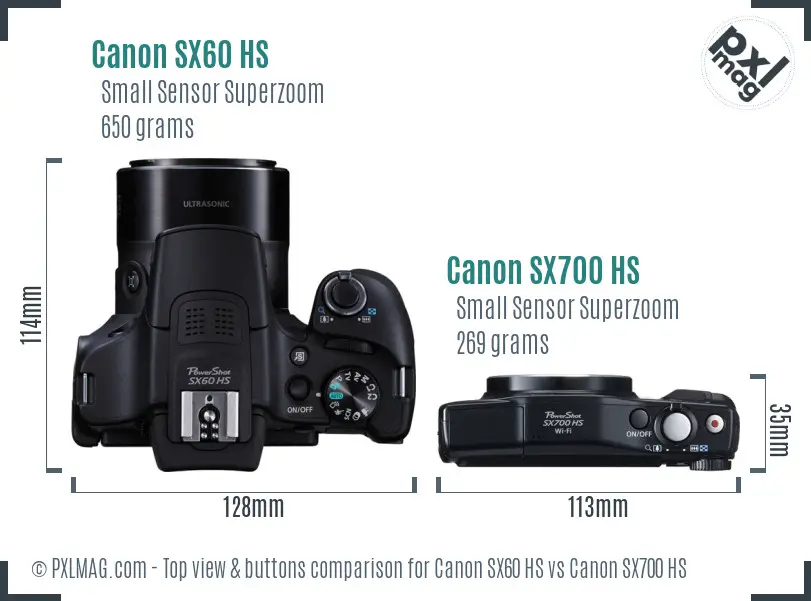 Canon SX60 HS vs Canon SX700 HS top view buttons comparison