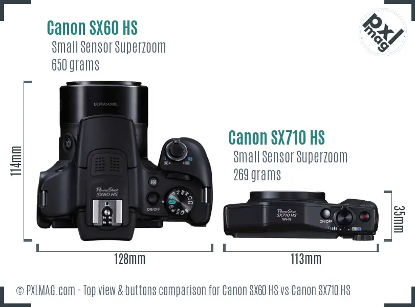Canon SX60 HS vs Canon SX710 HS top view buttons comparison