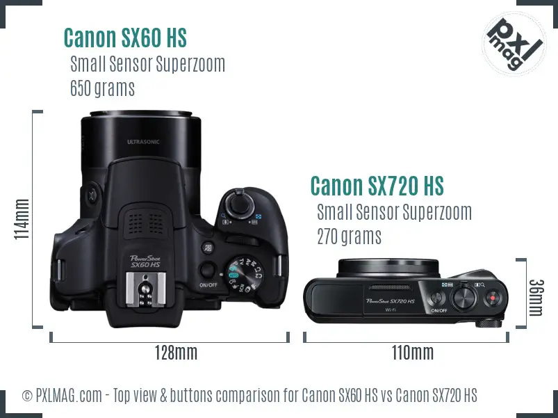 Canon SX60 HS vs Canon SX720 HS top view buttons comparison