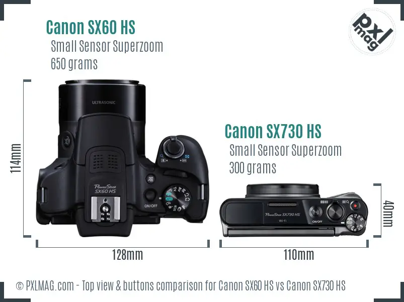 Canon SX60 HS vs Canon SX730 HS top view buttons comparison