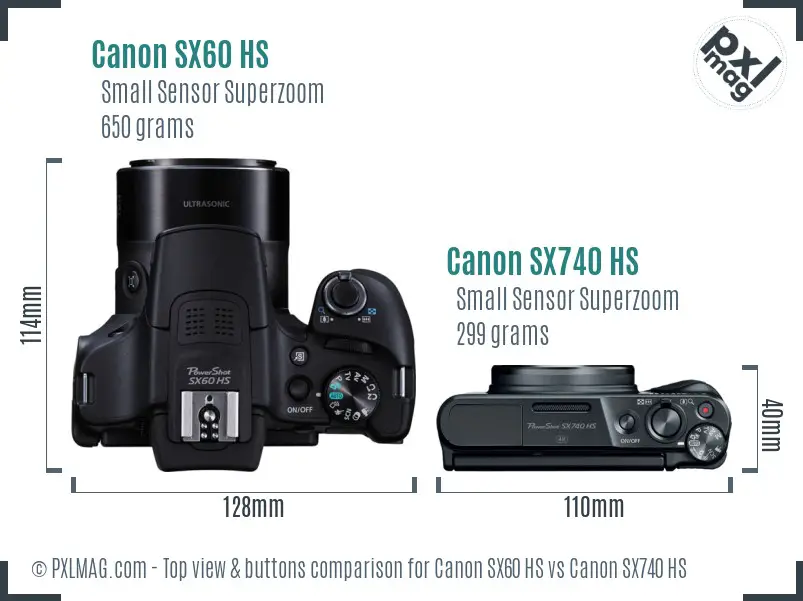 Canon SX60 HS vs Canon SX740 HS top view buttons comparison