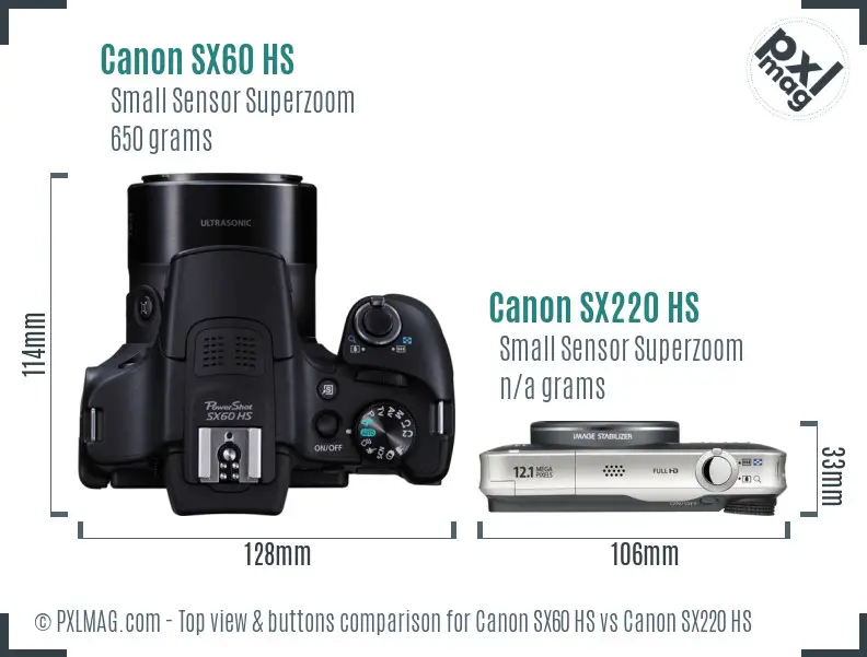 Canon SX60 HS vs Canon SX220 HS top view buttons comparison