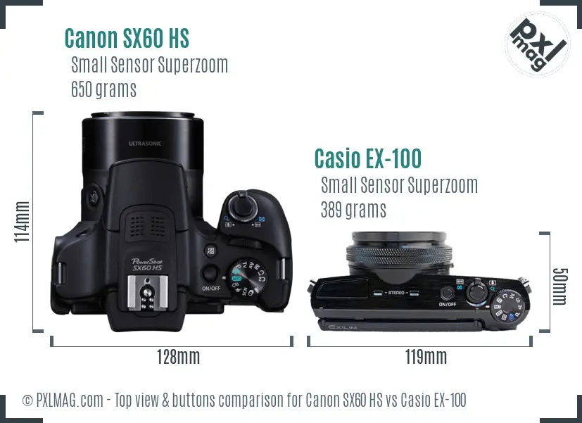 Canon SX60 HS vs Casio EX-100 top view buttons comparison