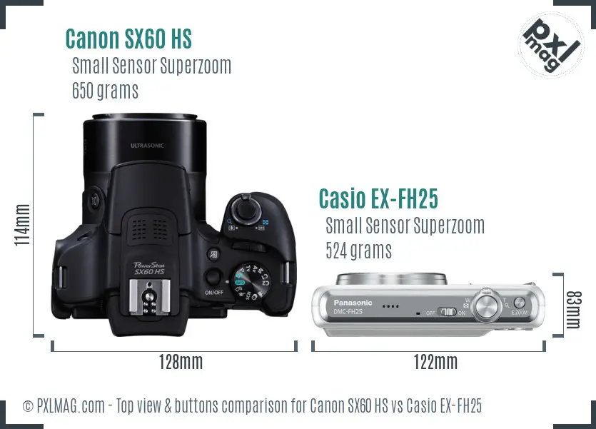 Canon SX60 HS vs Casio EX-FH25 top view buttons comparison
