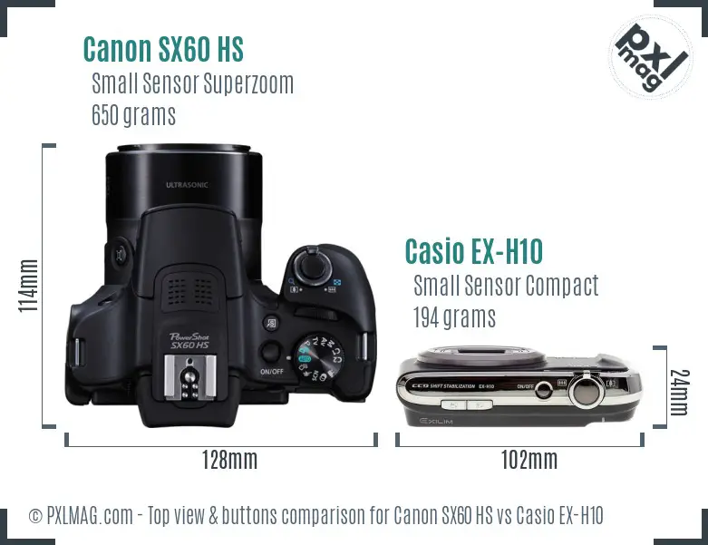 Canon SX60 HS vs Casio EX-H10 top view buttons comparison Canon SX60 HS vs Casio EX-H10 top view buttons comparison