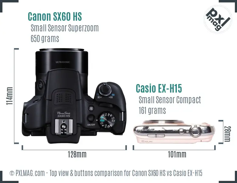 Canon SX60 HS vs Casio EX-H15 top view buttons comparison