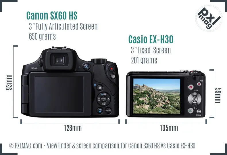 Canon SX60 HS vs Casio EX-H30 Screen and Viewfinder comparison