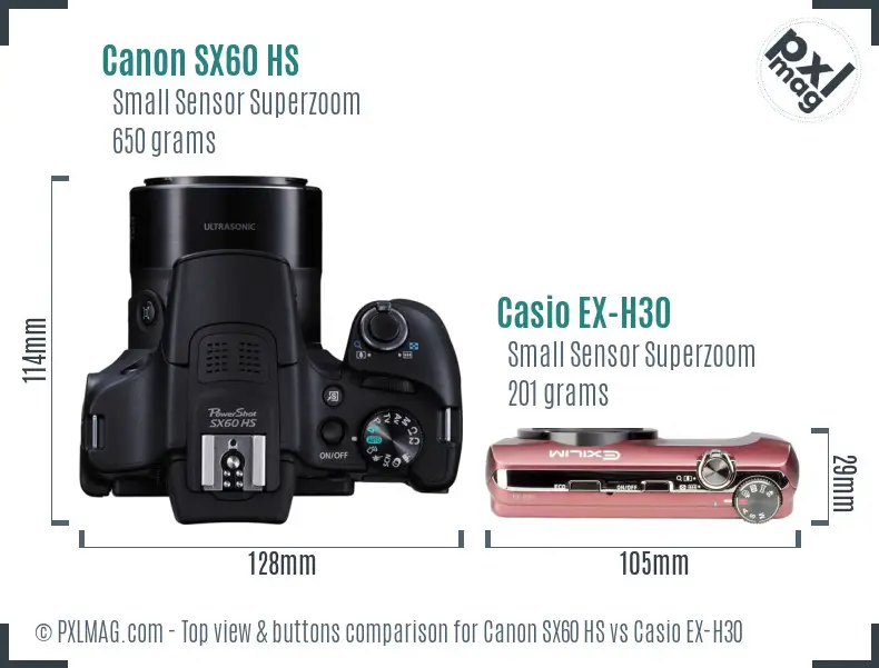 Canon SX60 HS vs Casio EX-H30 top view buttons comparison