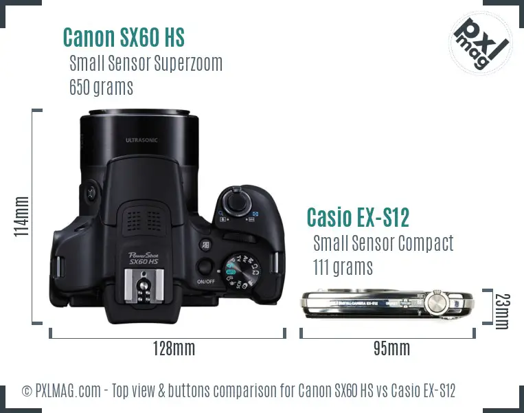 Canon SX60 HS vs Casio EX-S12 top view buttons comparison