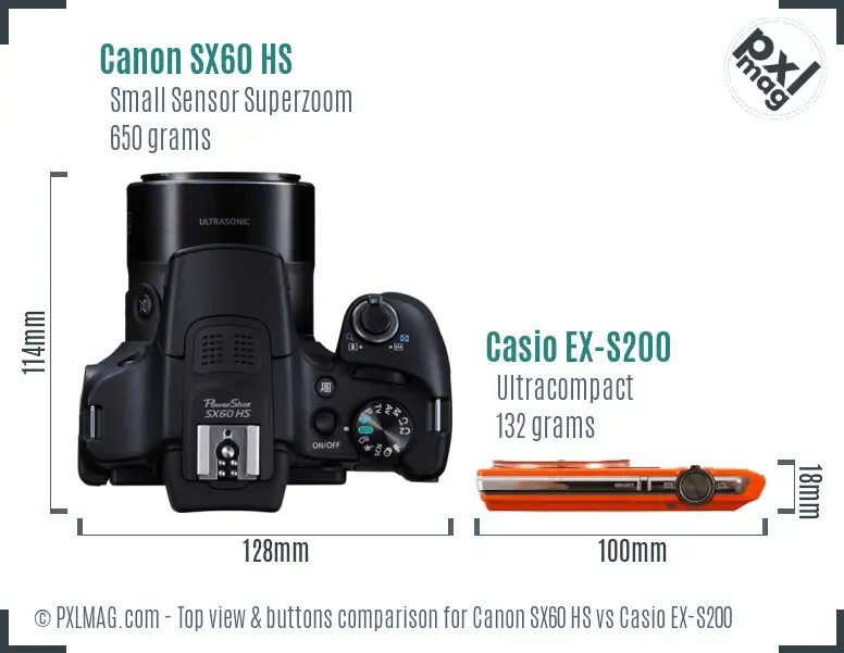 Canon SX60 HS vs Casio EX-S200 top view buttons comparison Canon SX60 HS vs Casio EX-S200 top view buttons comparison