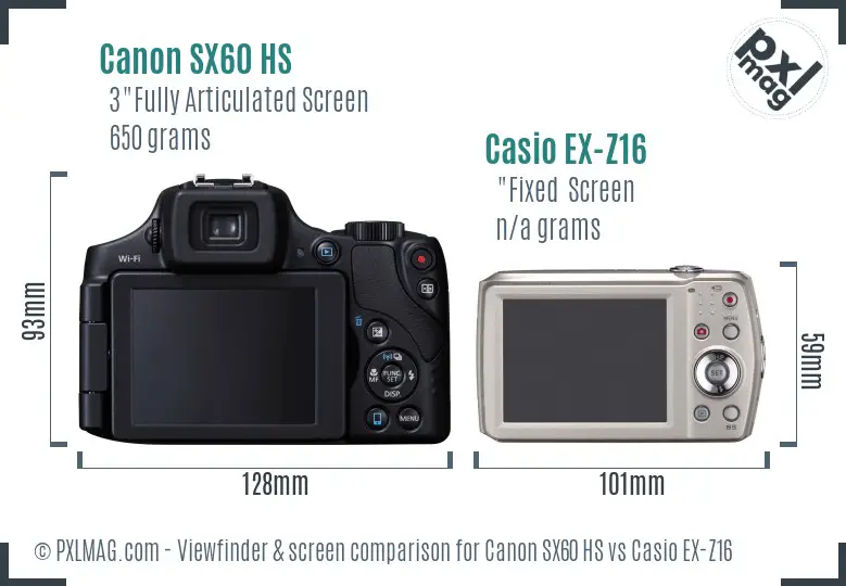 Canon SX60 HS vs Casio EX-Z16 Screen and Viewfinder comparison