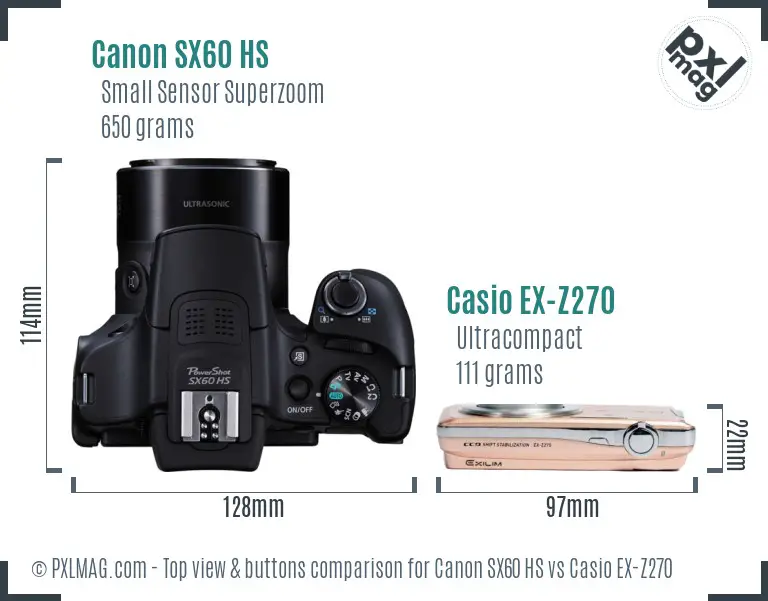 Canon SX60 HS vs Casio EX-Z270 top view buttons comparison Canon SX60 HS vs Casio EX-Z270 top view buttons comparison
