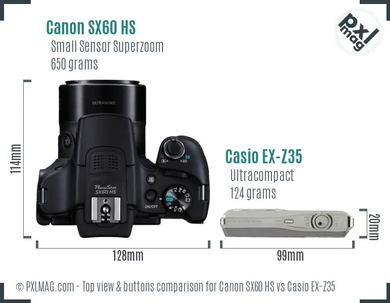 Canon SX60 HS vs Casio EX-Z35 top view buttons comparison