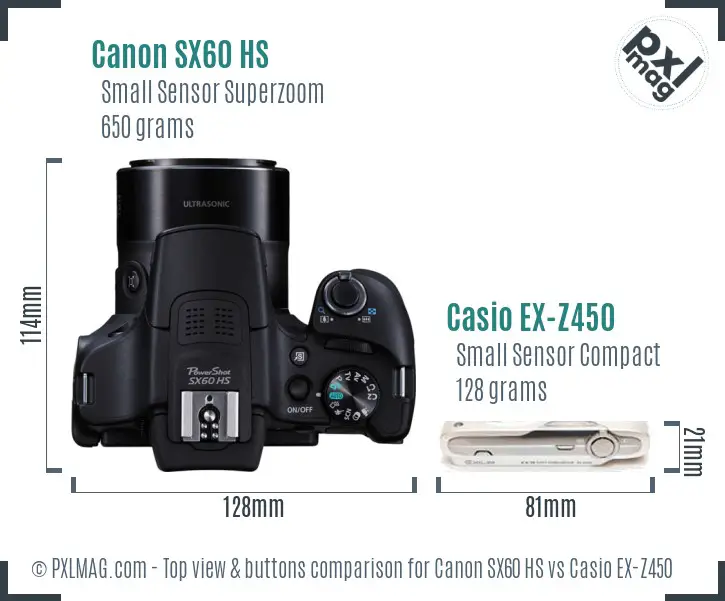Canon SX60 HS vs Casio EX-Z450 top view buttons comparison