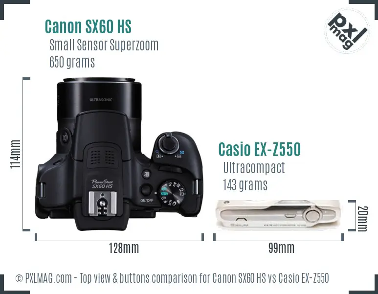 Canon SX60 HS vs Casio EX-Z550 top view buttons comparison