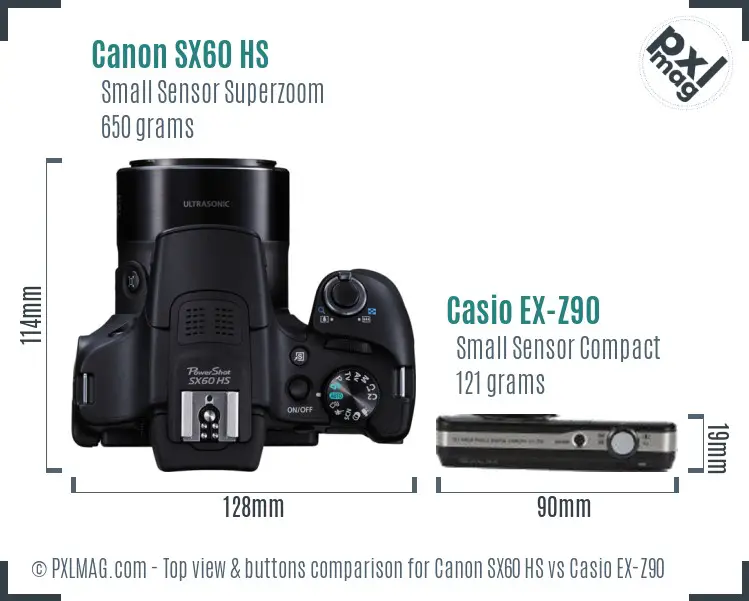 Canon SX60 HS vs Casio EX-Z90 top view buttons comparison