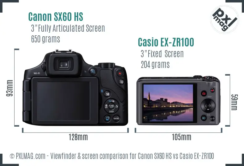 Canon SX60 HS vs Casio EX-ZR100 Screen and Viewfinder comparison